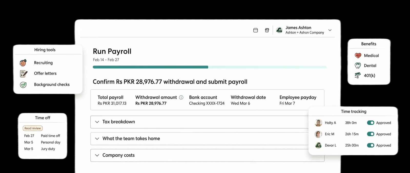 Crew Run Payroll screen confirming a payroll withdrawal, surrounded by hiring tools, time off, benefits, and approved time-tracking hours
