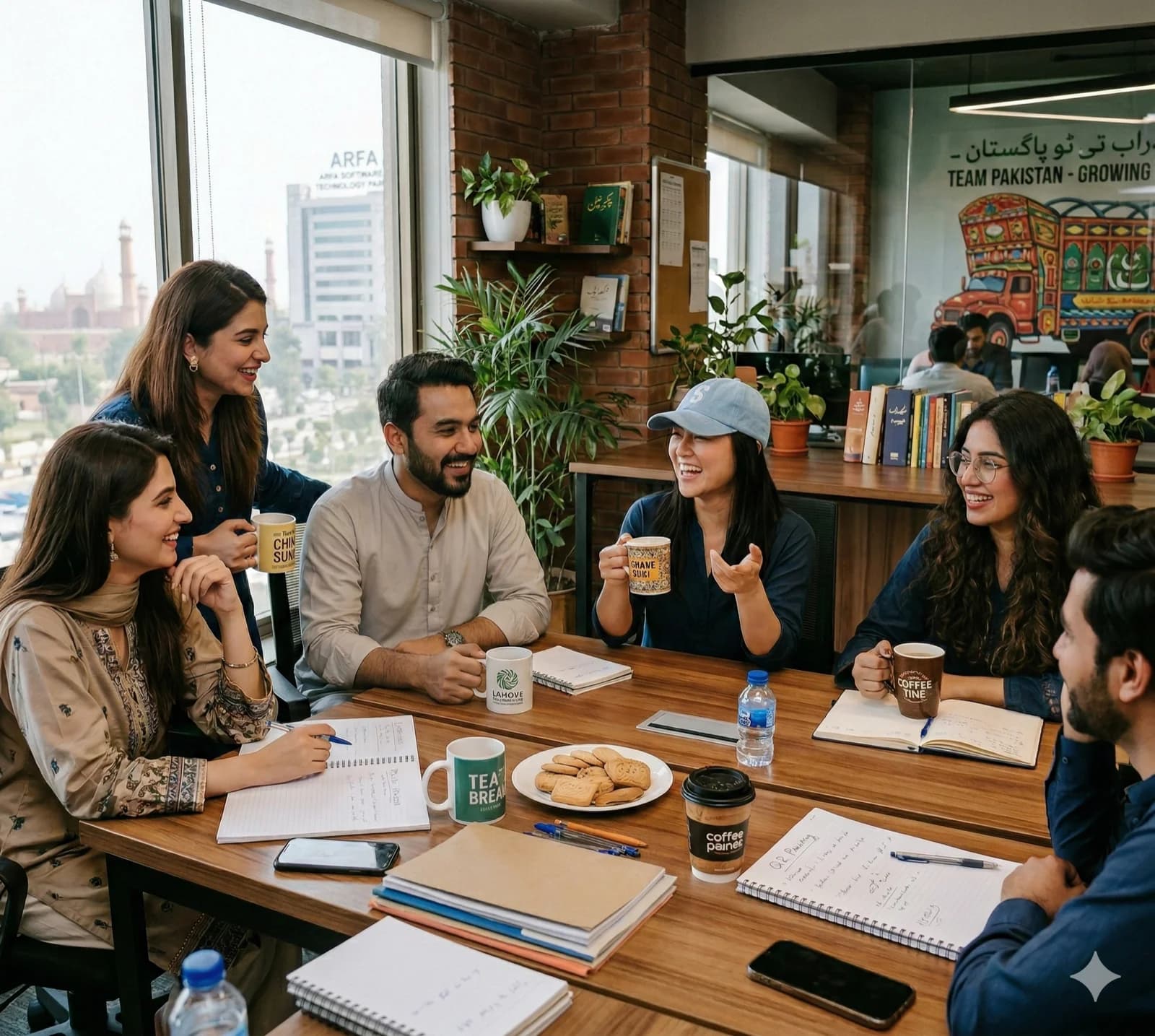 Small business team talking over tea and notebooks around a shared office table