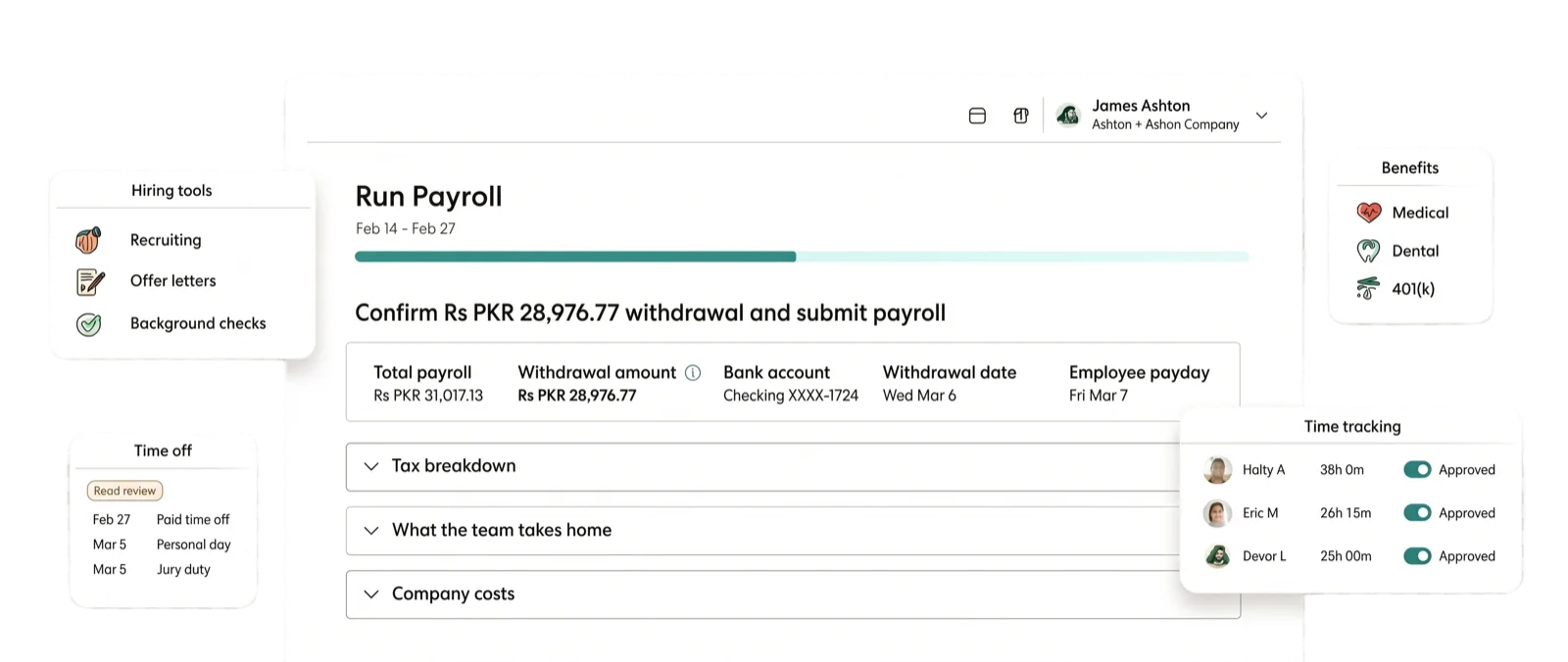 Crew payroll dashboard showing run payroll interface with PKR amounts, time tracking integration, and benefits enrollment for a Pakistan-based small business team.